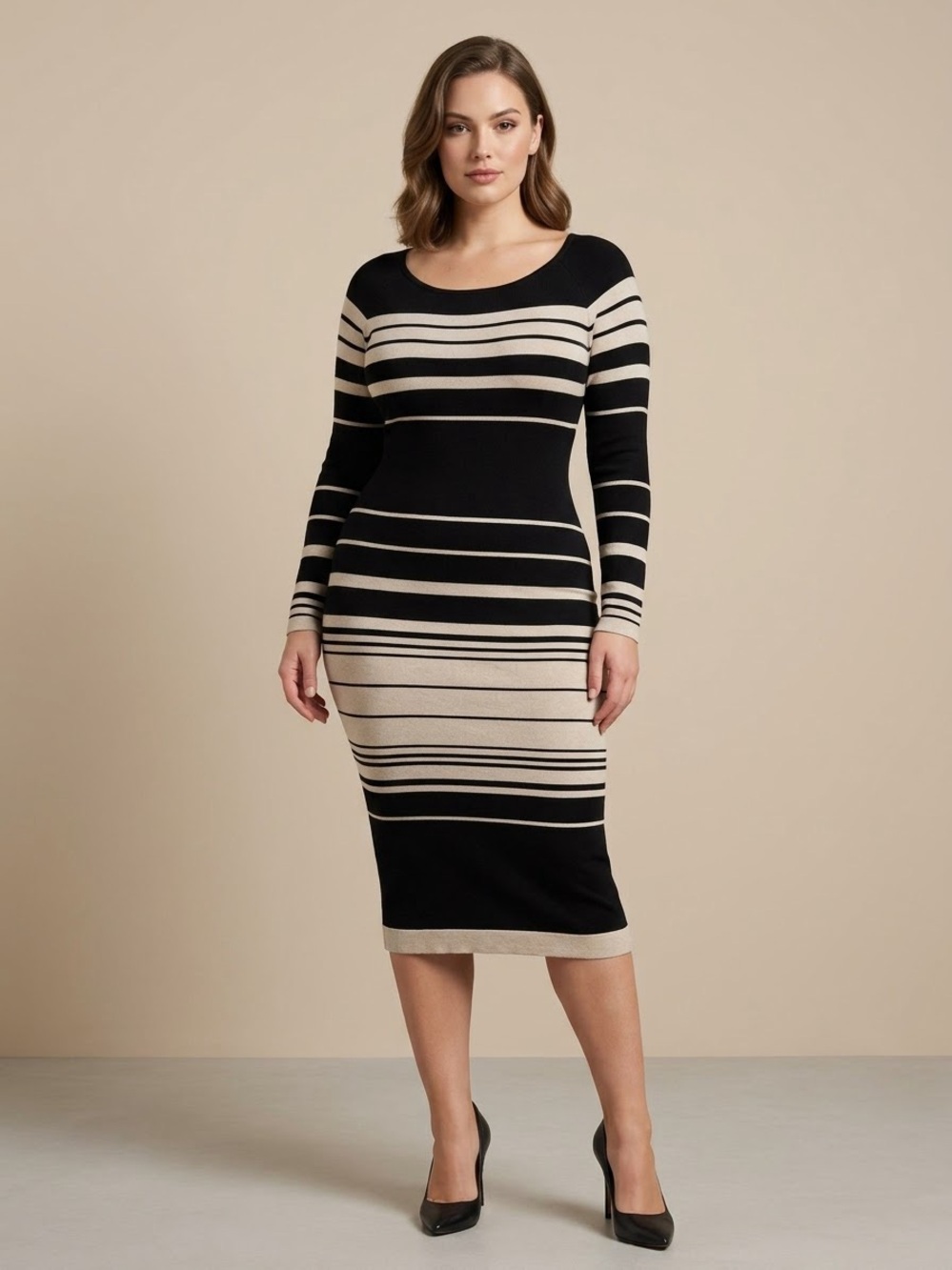 Striped Black and Cream Midi Dress - Scoop Neck, Three-Quarter Sleeve